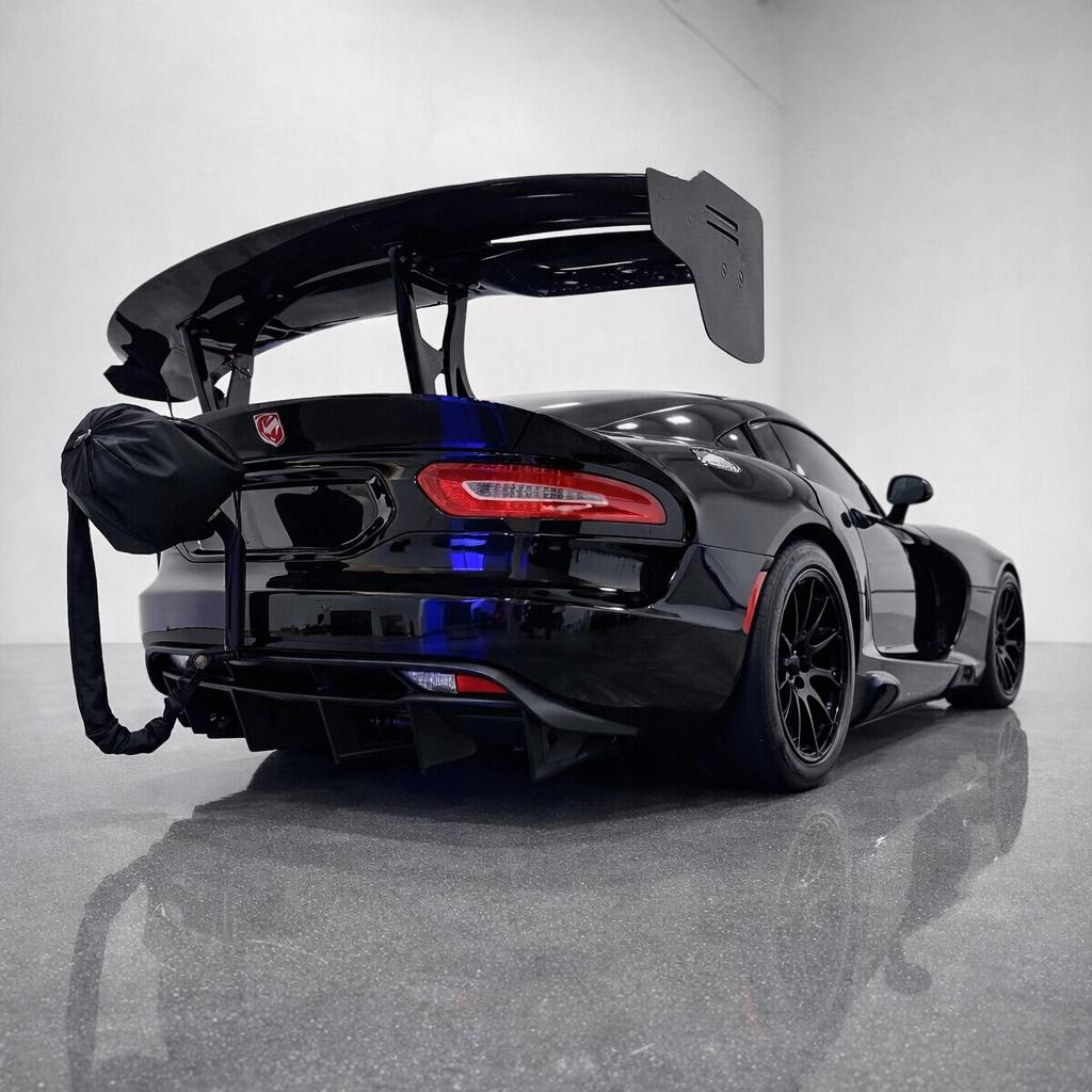 Black Dodge Viper prepared for high-performance racing after paint correction by Midnight Detailing